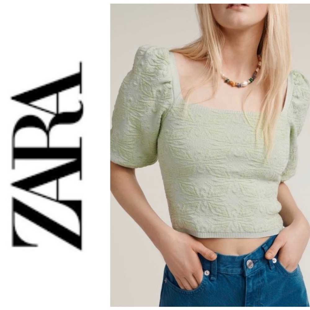NWOT Zara sage green knit jacquard butterfly print puff sleeve top